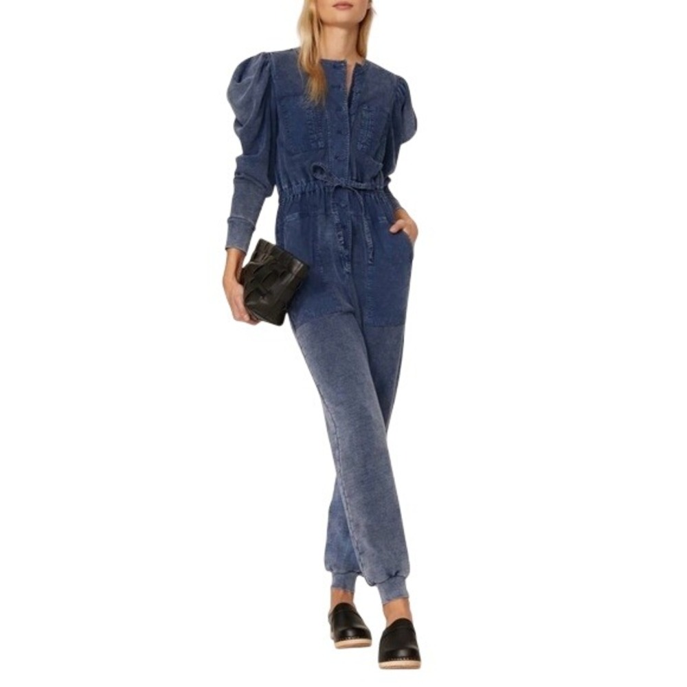 ULLA JOHNSON Sadie Puff Sleeve Drawstring Waist Jumpsuit Indigo Acid Small $445